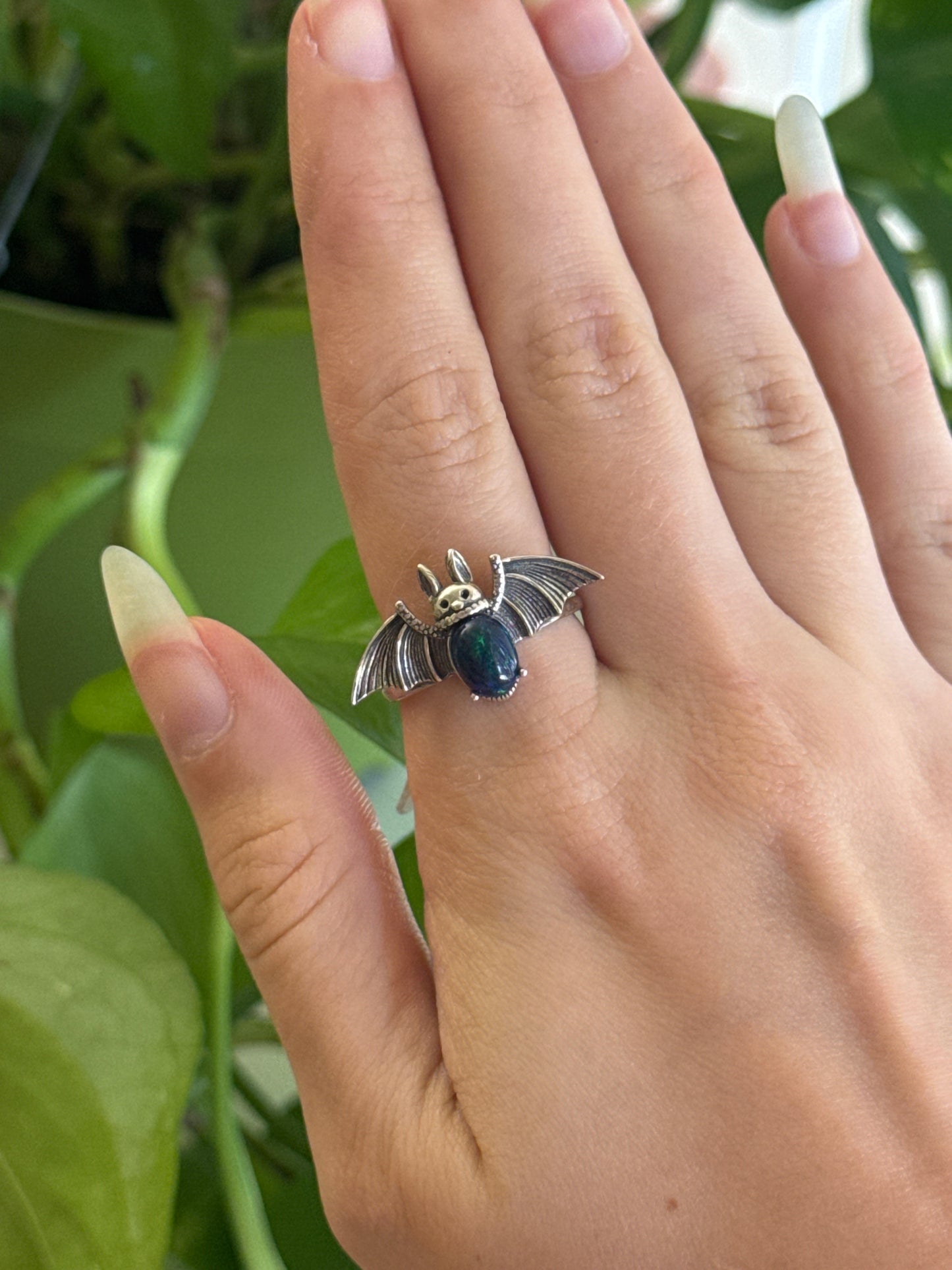 Bat 925 Sterling Silver Black Opal Adjustable Ring