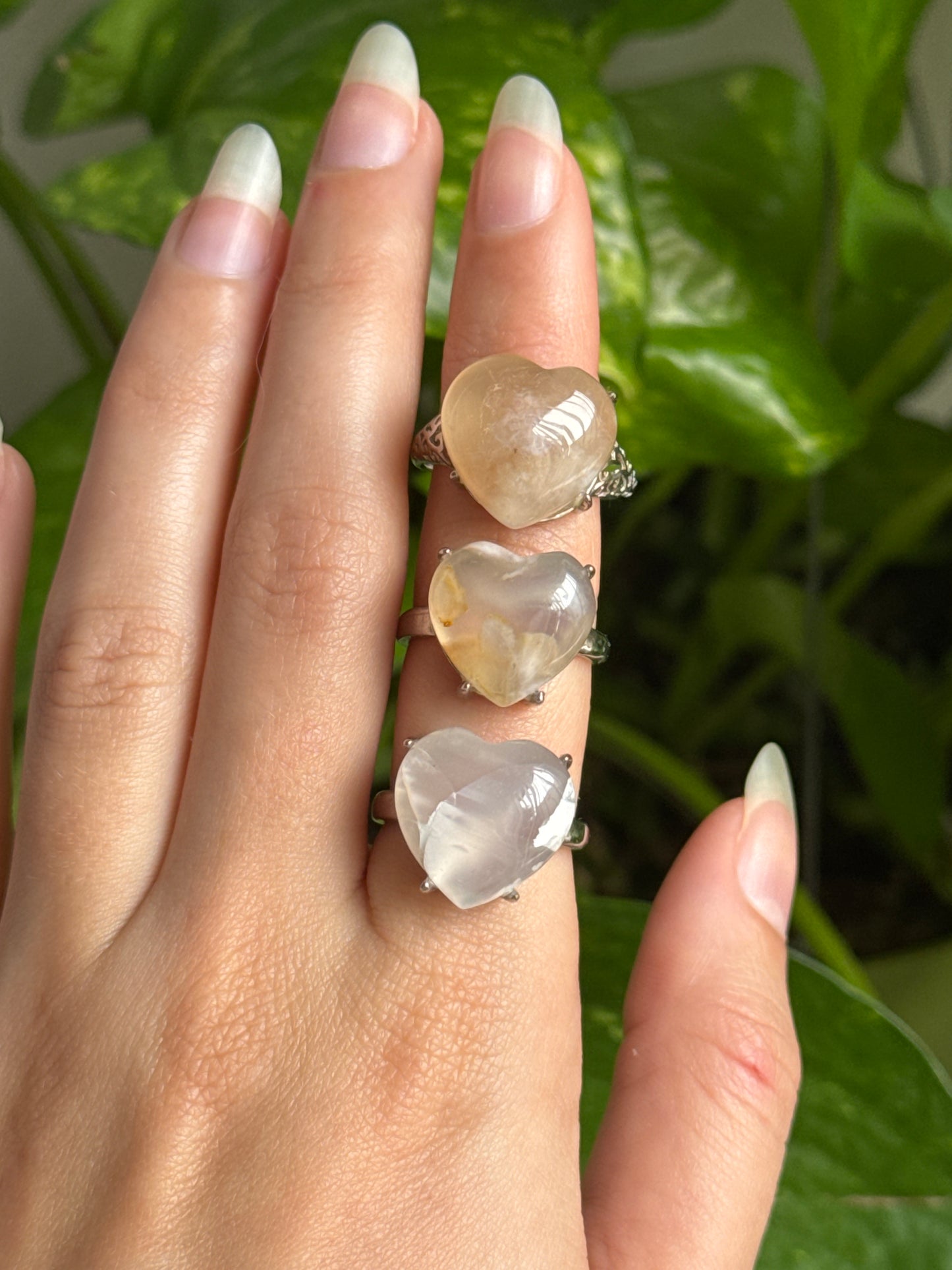 Flower Agate Heart Adjustable Ring