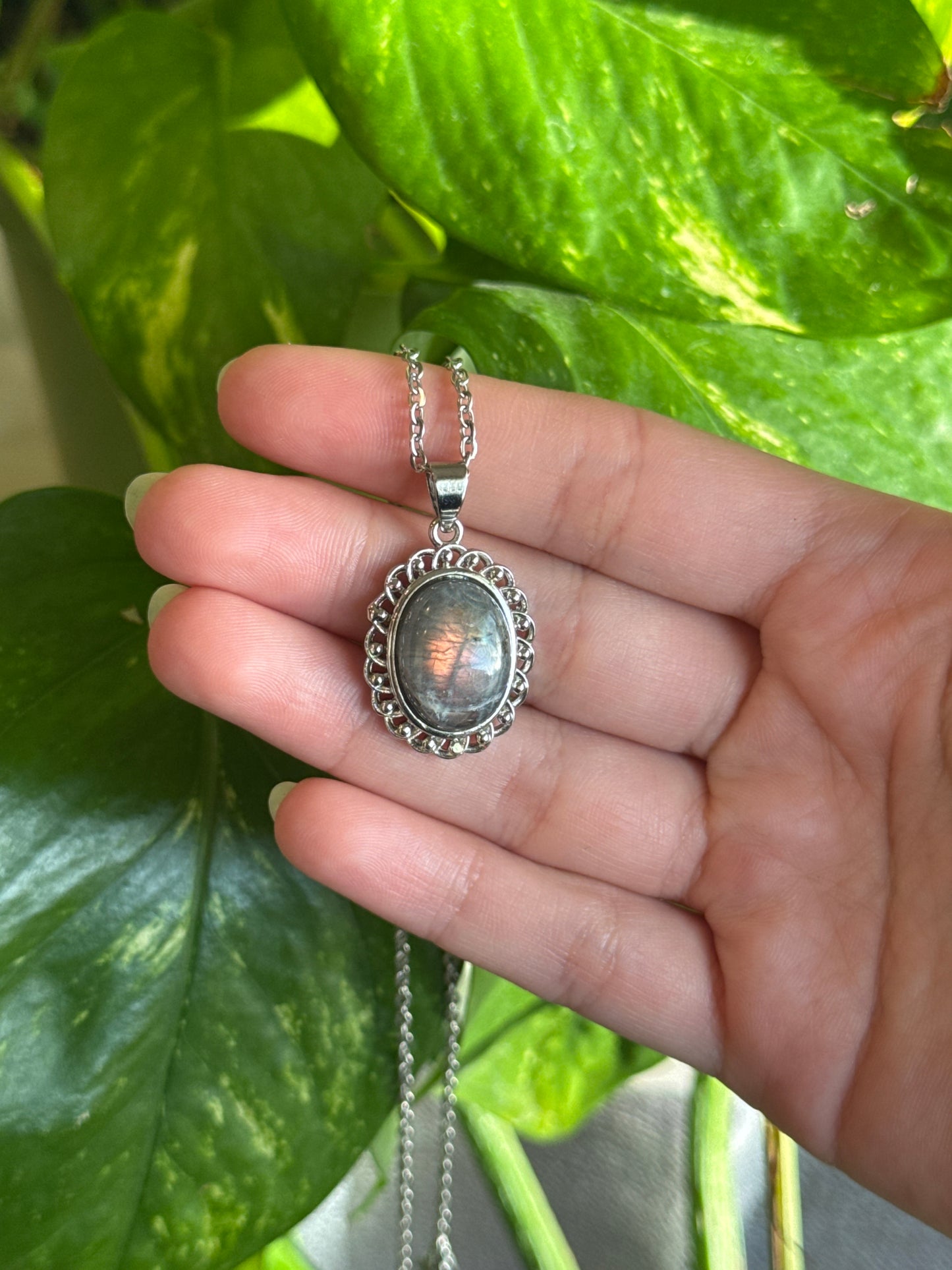 Pink & Orange Labradorite Oval Necklace