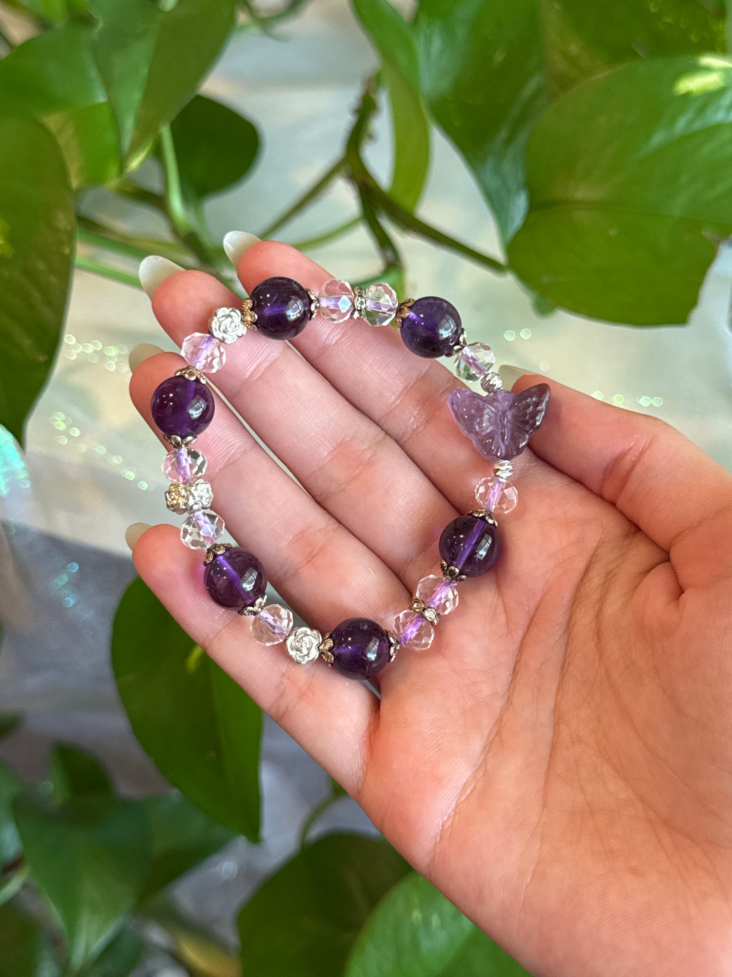 Amethyst and Faceted Clear Quartz Butterfly Bracelet