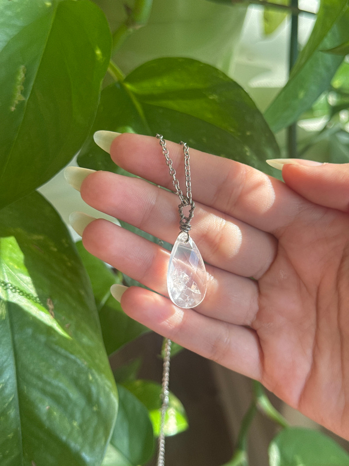 Clear Quartz Wire Wrapped Tear Drop Silver Necklace