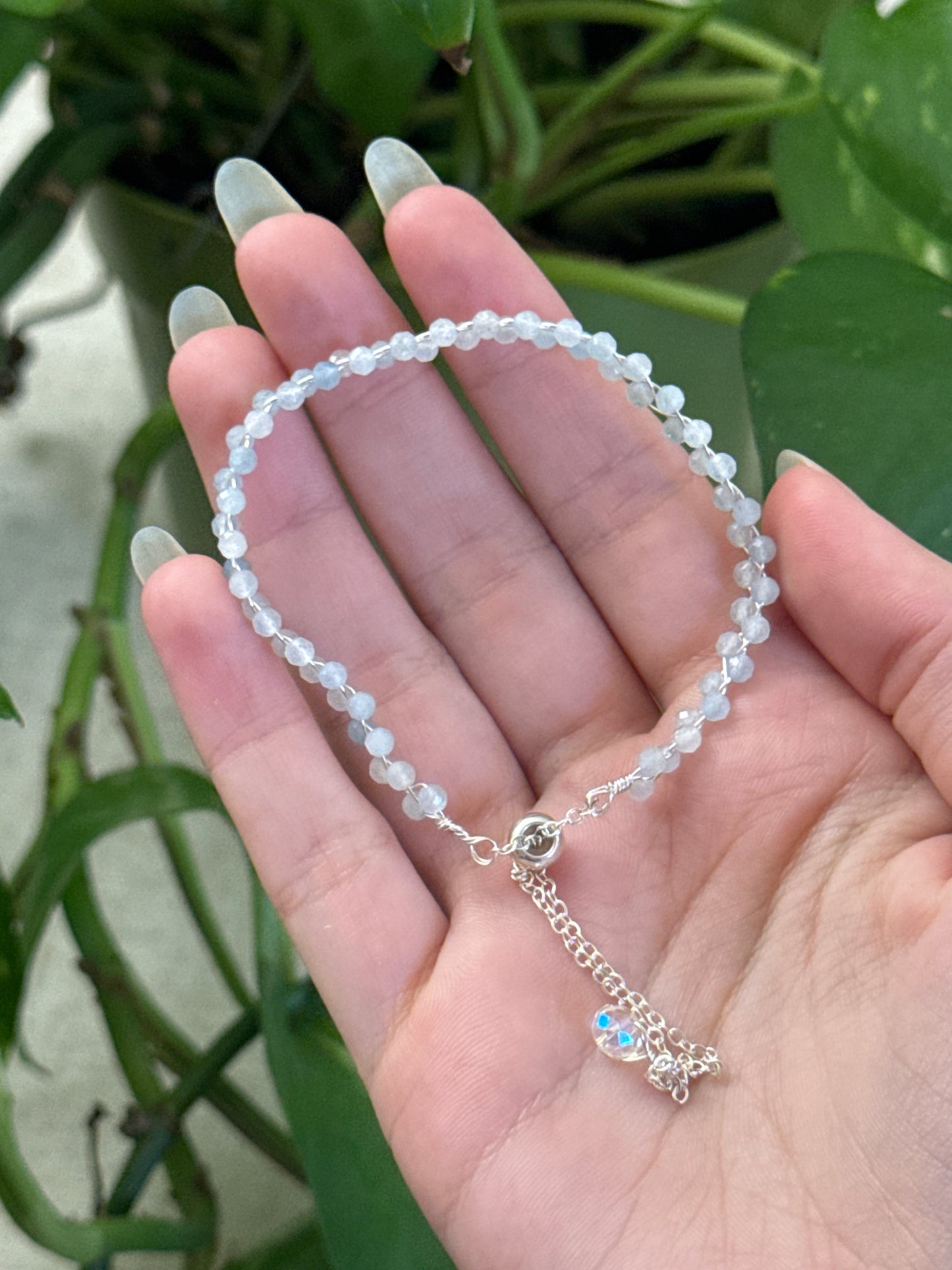 Aquamarine Braided Adjustable Silver Bracelet