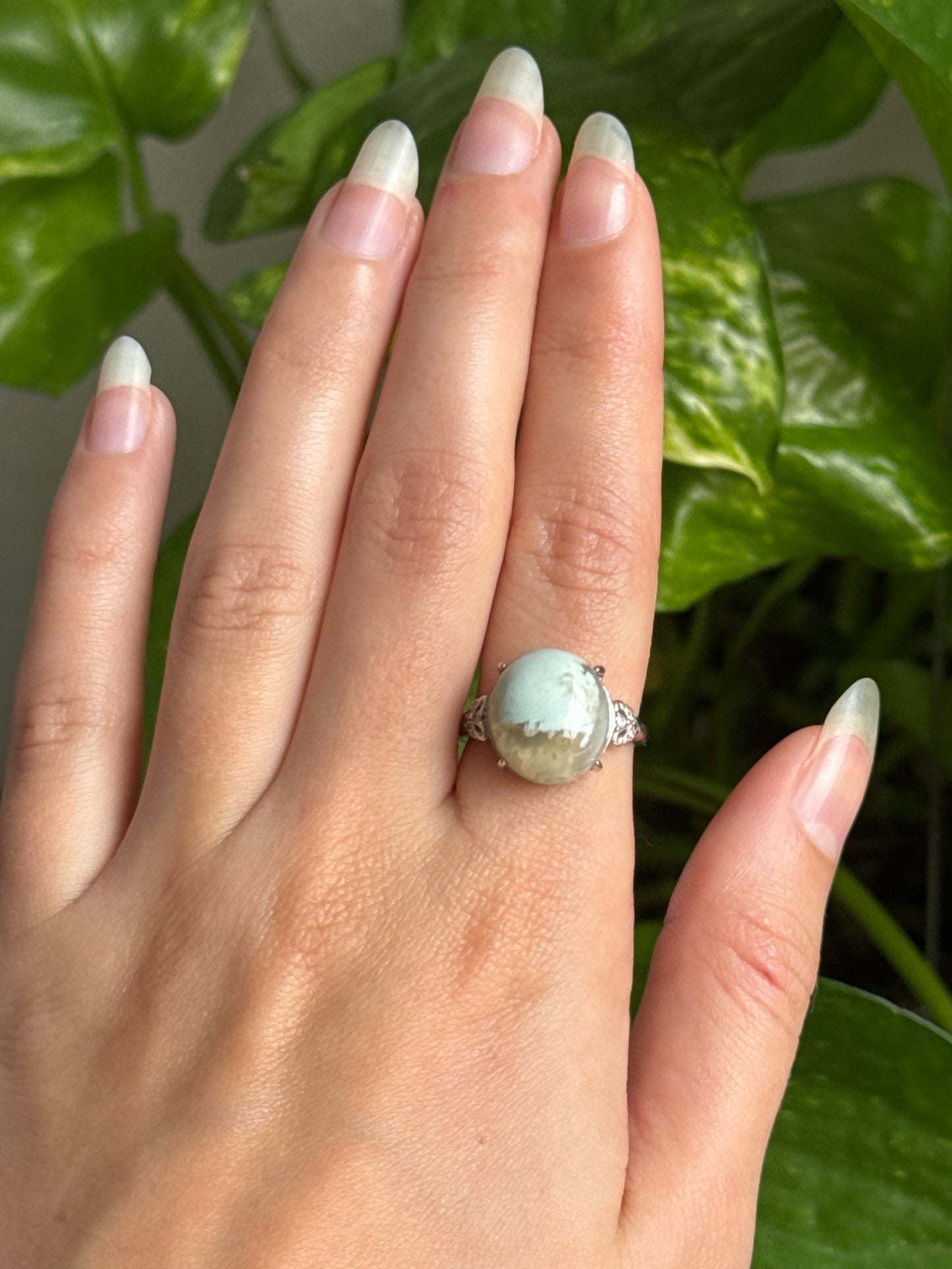 Green Flower Agate Adjustable Ring