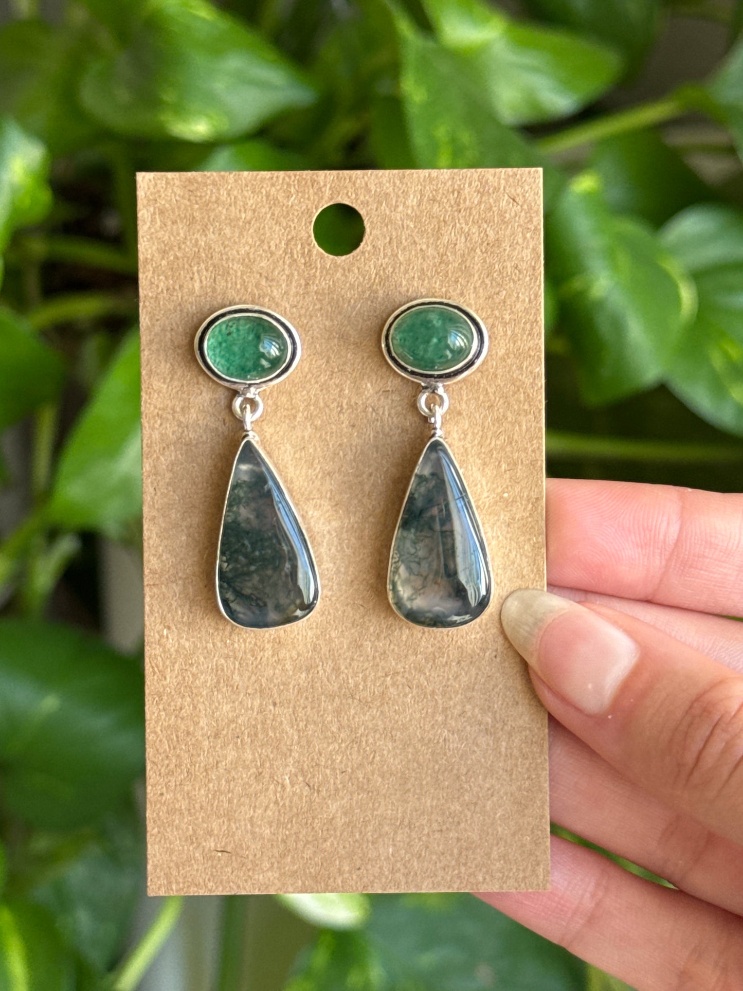 Moss Agate & Green Strawberry Quartz 925 Sterling Silver Earrings B