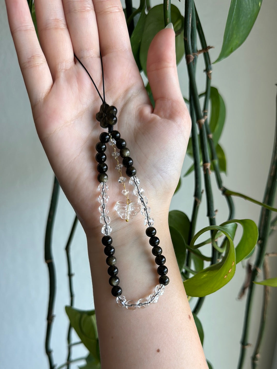 Gold Sheen Obsidian & Clear Quartz Flower Hanging Charm