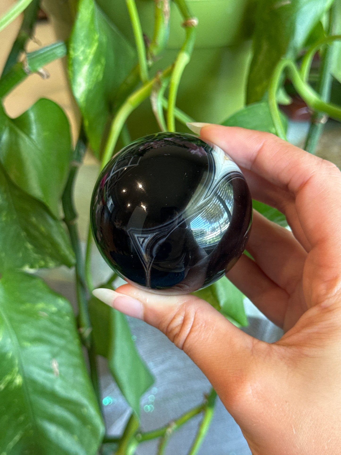 Moody Banded Black Agate & Quartz Sphere B