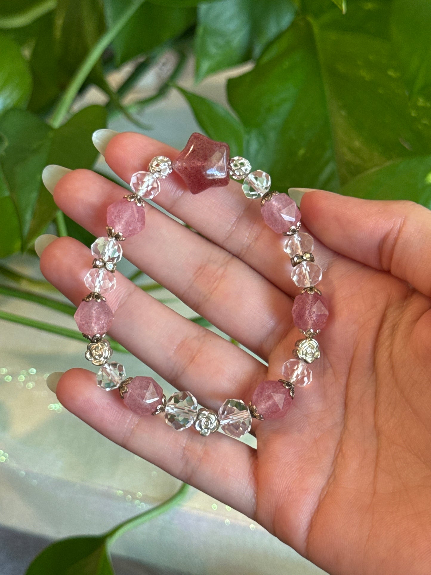 Strawberry Quartz and Faceted Clear Quartz Star Bracelet