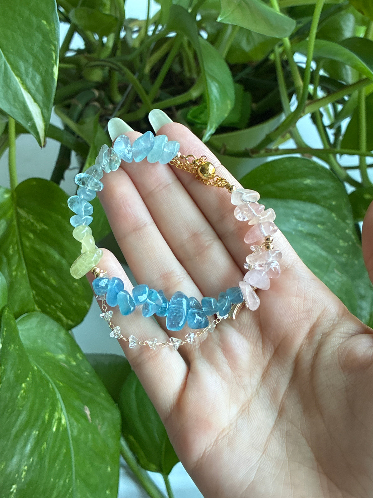 Morganite & Aquamarine Chip Bracelet with Charm Accent