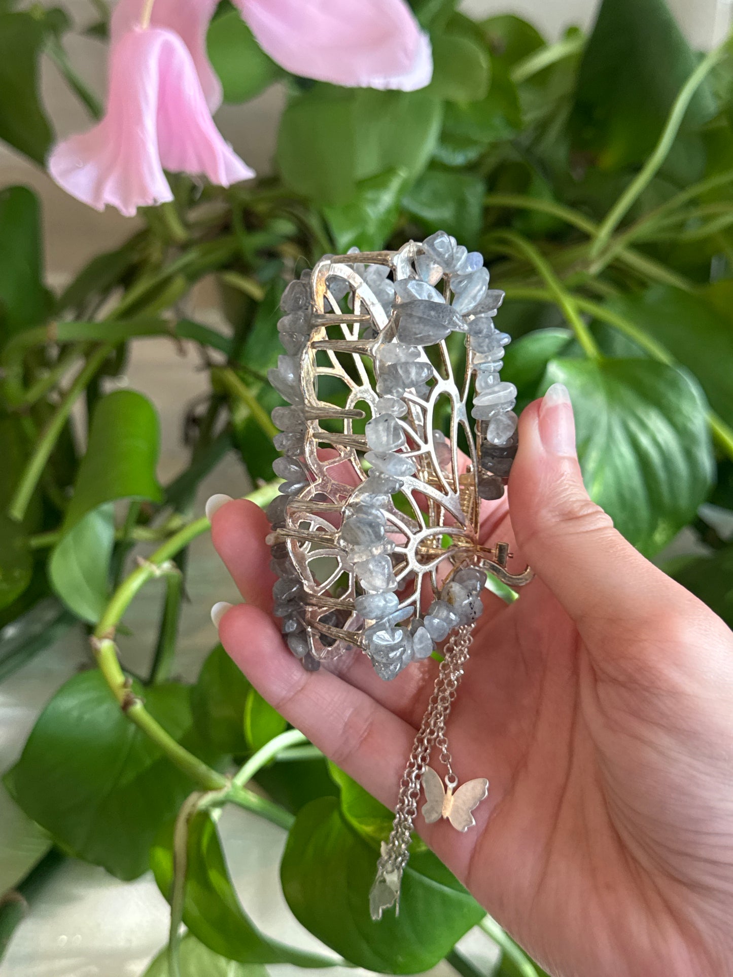 Labradorite Silver Butterfly Hair Claw Clip