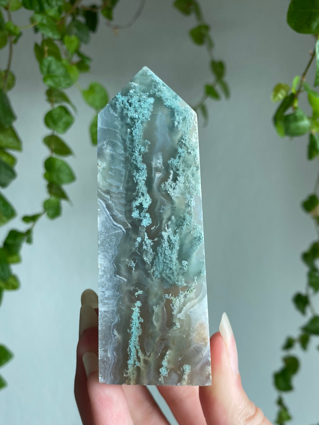 Druzy Cave Moss Agate Tower