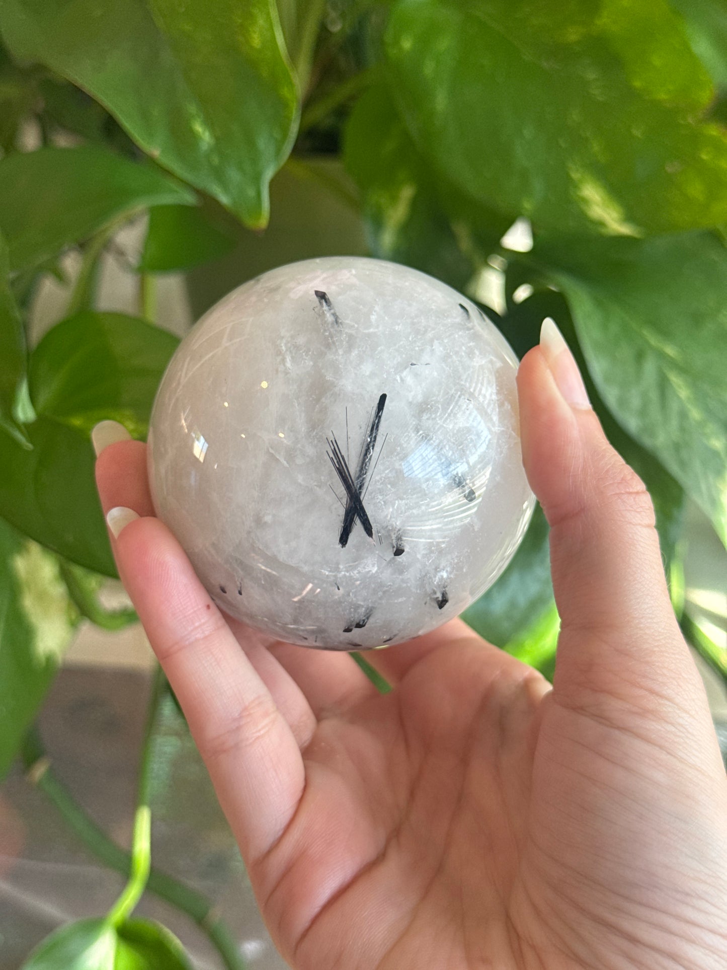 Clear Quartz with Black Tourmaline Inclusions Sphere