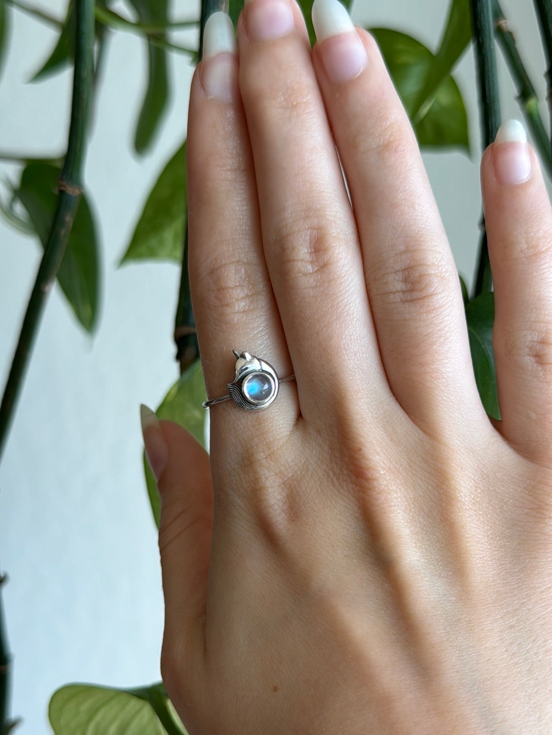 Moonstone Sleepy Fox 925 Sterling Silver Adjustable Ring