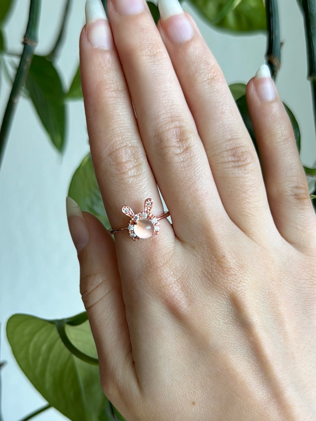 Rose Quartz Bunny Rose Gold Adjustable Ring