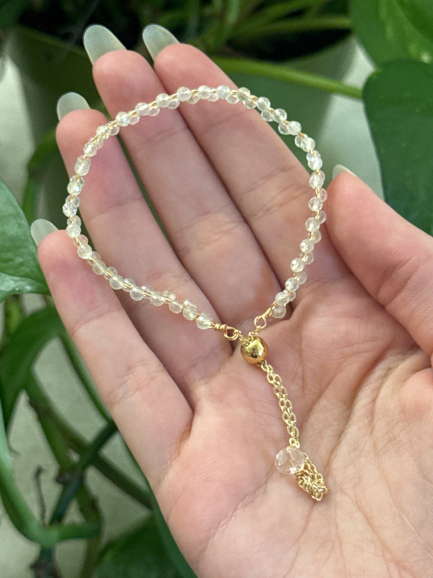 Prehnite Dainty Braided Adjustable Gold Bracelet
