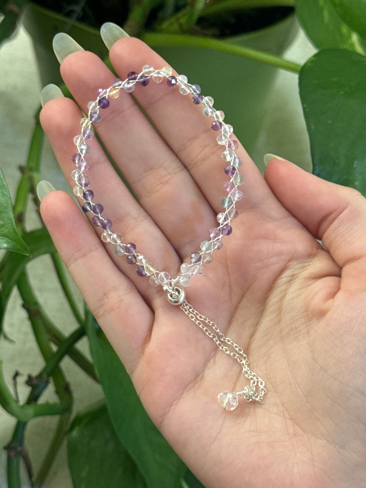 Fluorite Dainty Braided Adjustable Silver Bracelet