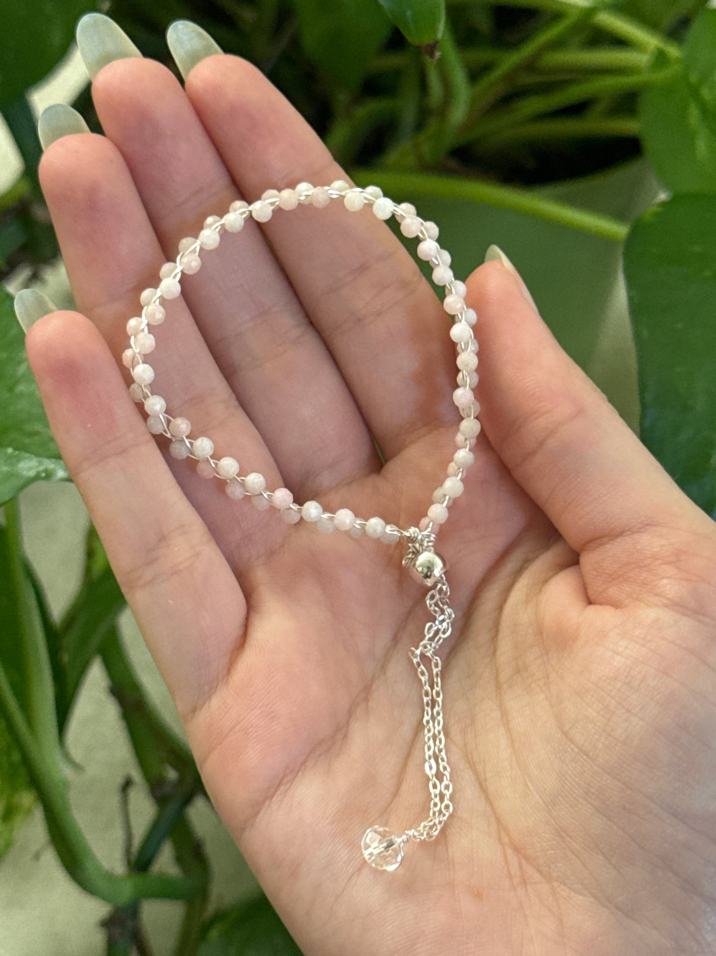 Pink Opal Braided Adjustable Silver Bracelet