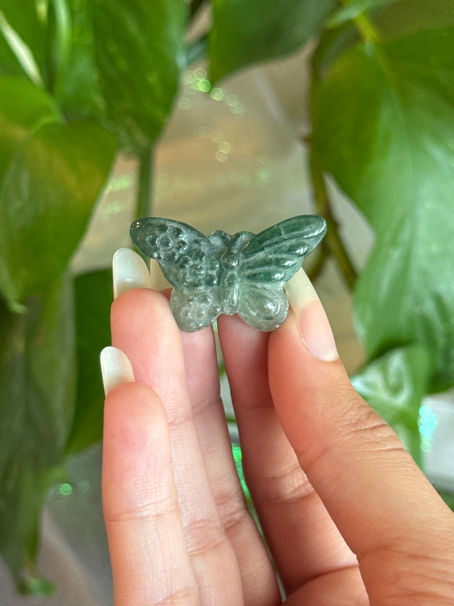 Green Aventurine Flower Engraved Butterfly