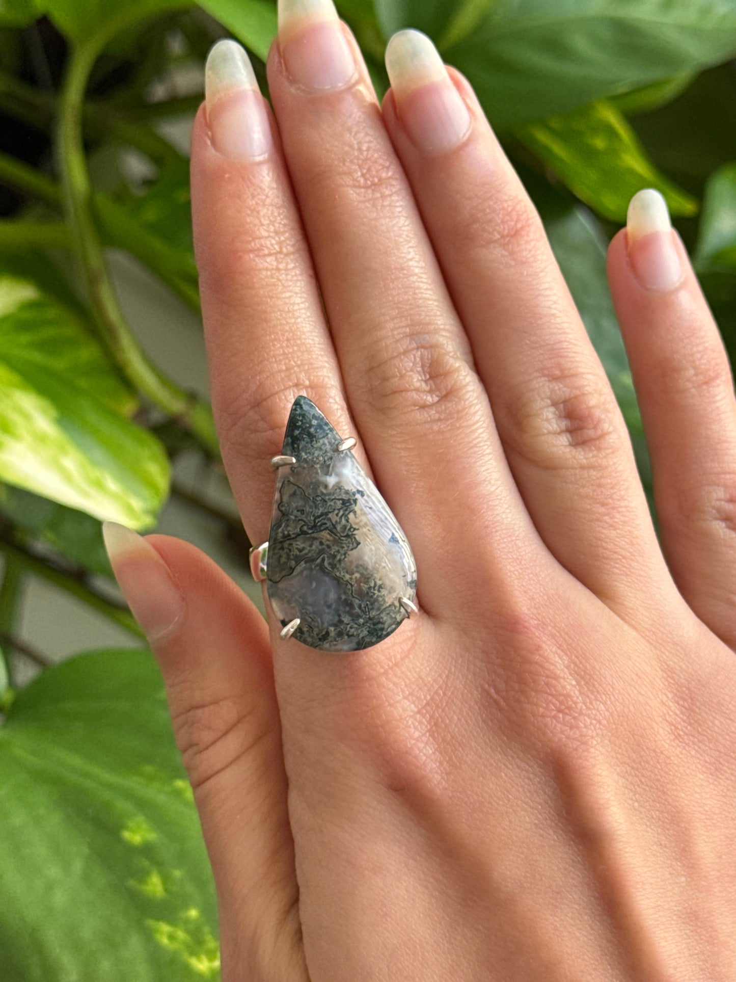 Size 6 Moss Agate Statement 925 Sterling Silver Ring