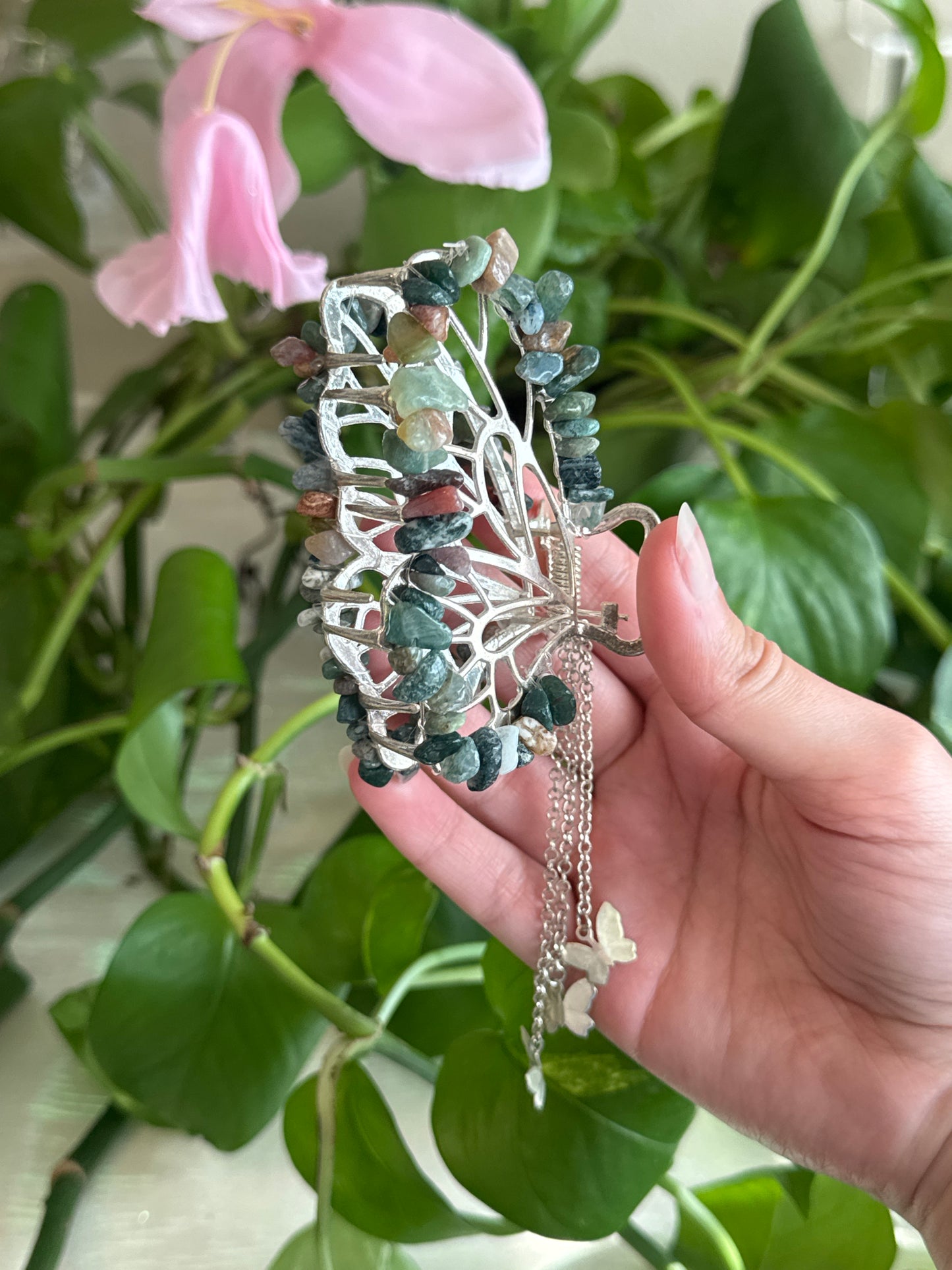 Sea Jasper & Moss Agate Silver Butterfly Hair Claw Clip
