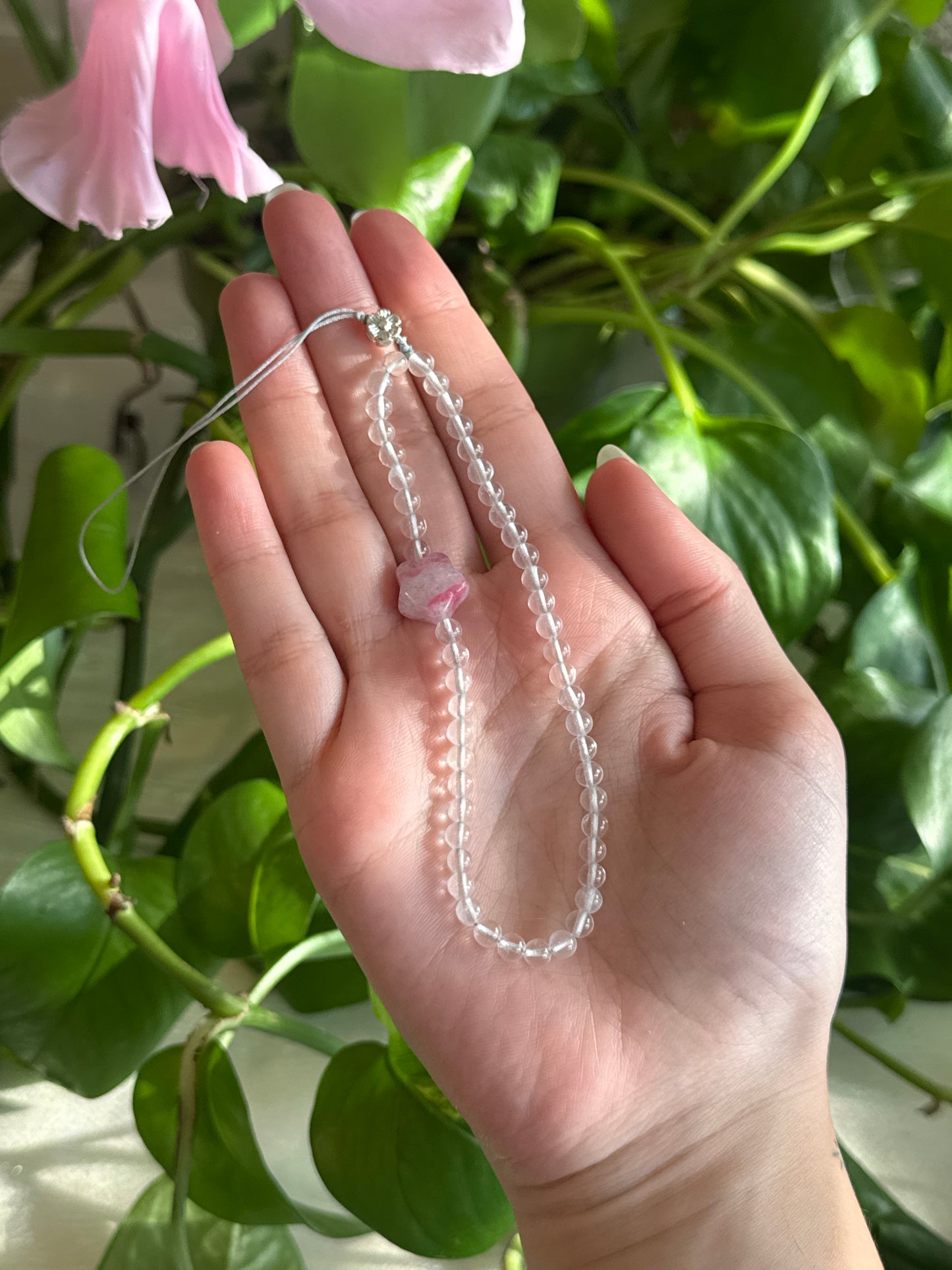 Clear Quartz and Sakura Rhodonite Star Phone Charm