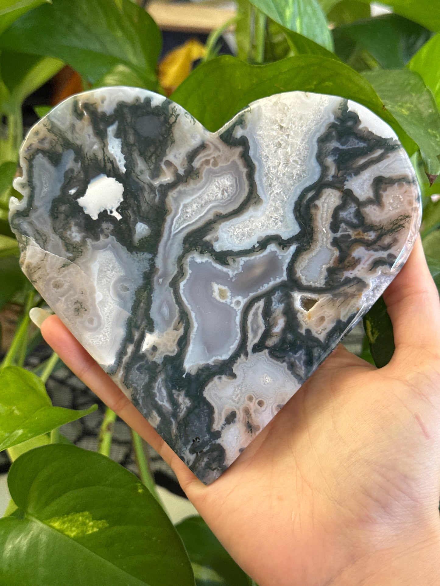 Large Statement Moss Agate Heart on Stand