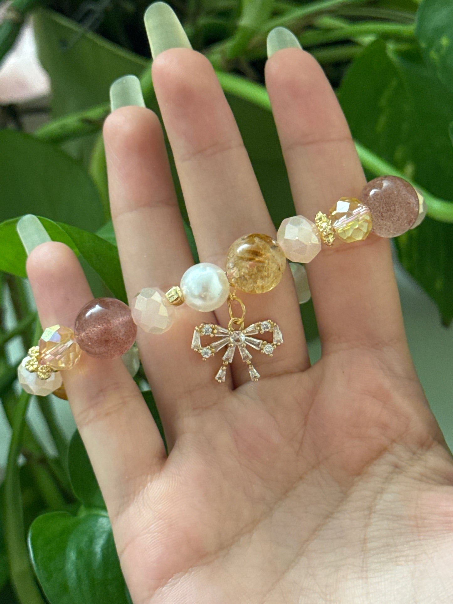 Rose Quartz & Strawberry Quartz & Golden Amethyst Bow Bracelet