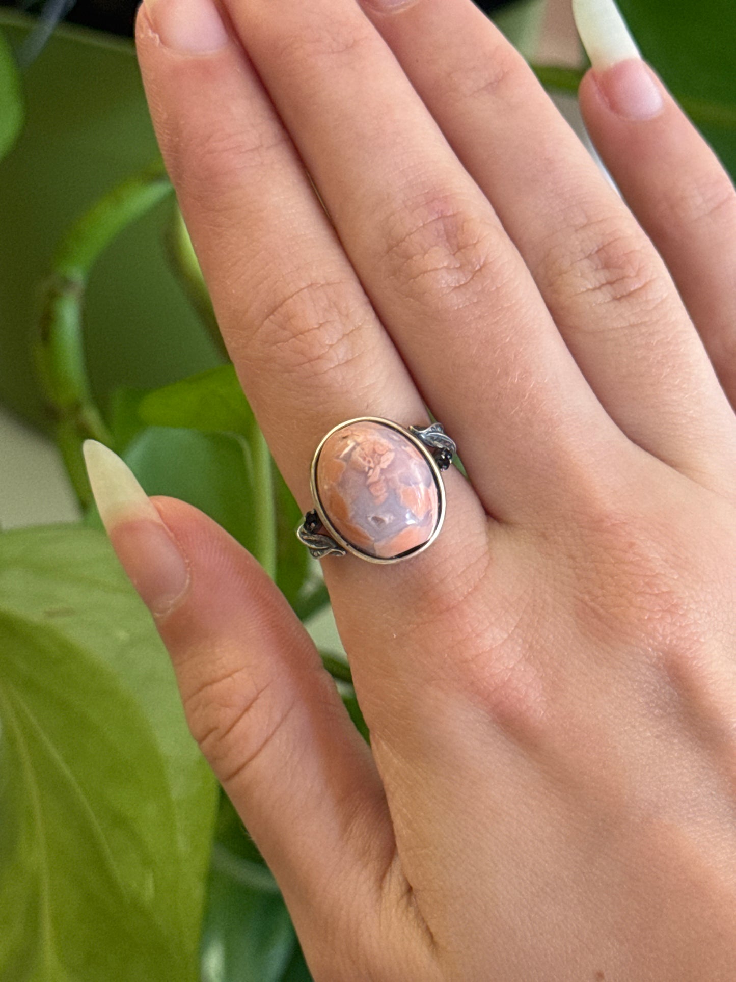 Cotton Candy Agate Oval 925 Sterling Silver Adjustable Ring