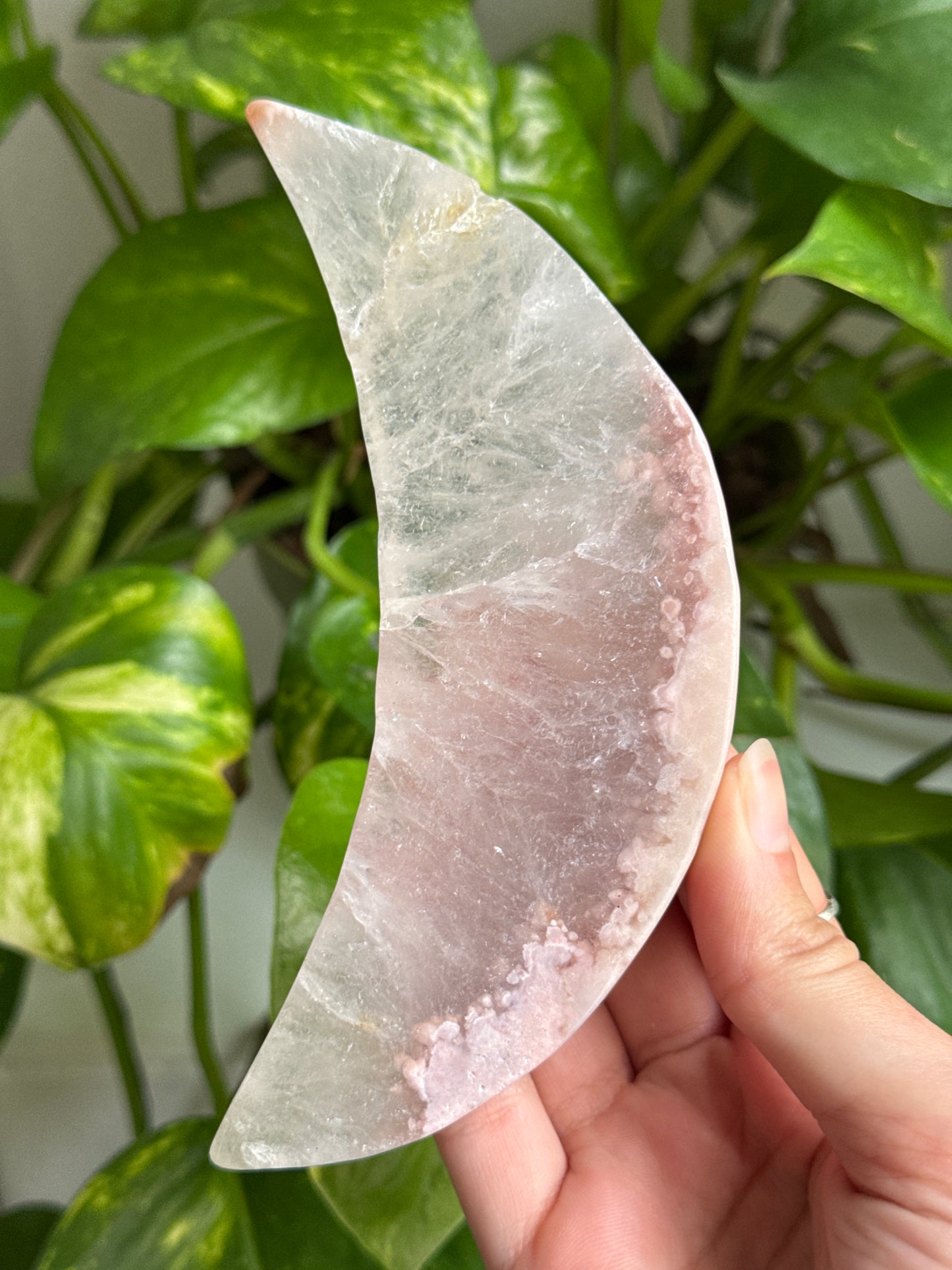 Flower Agate & Quartz Crescent Moon