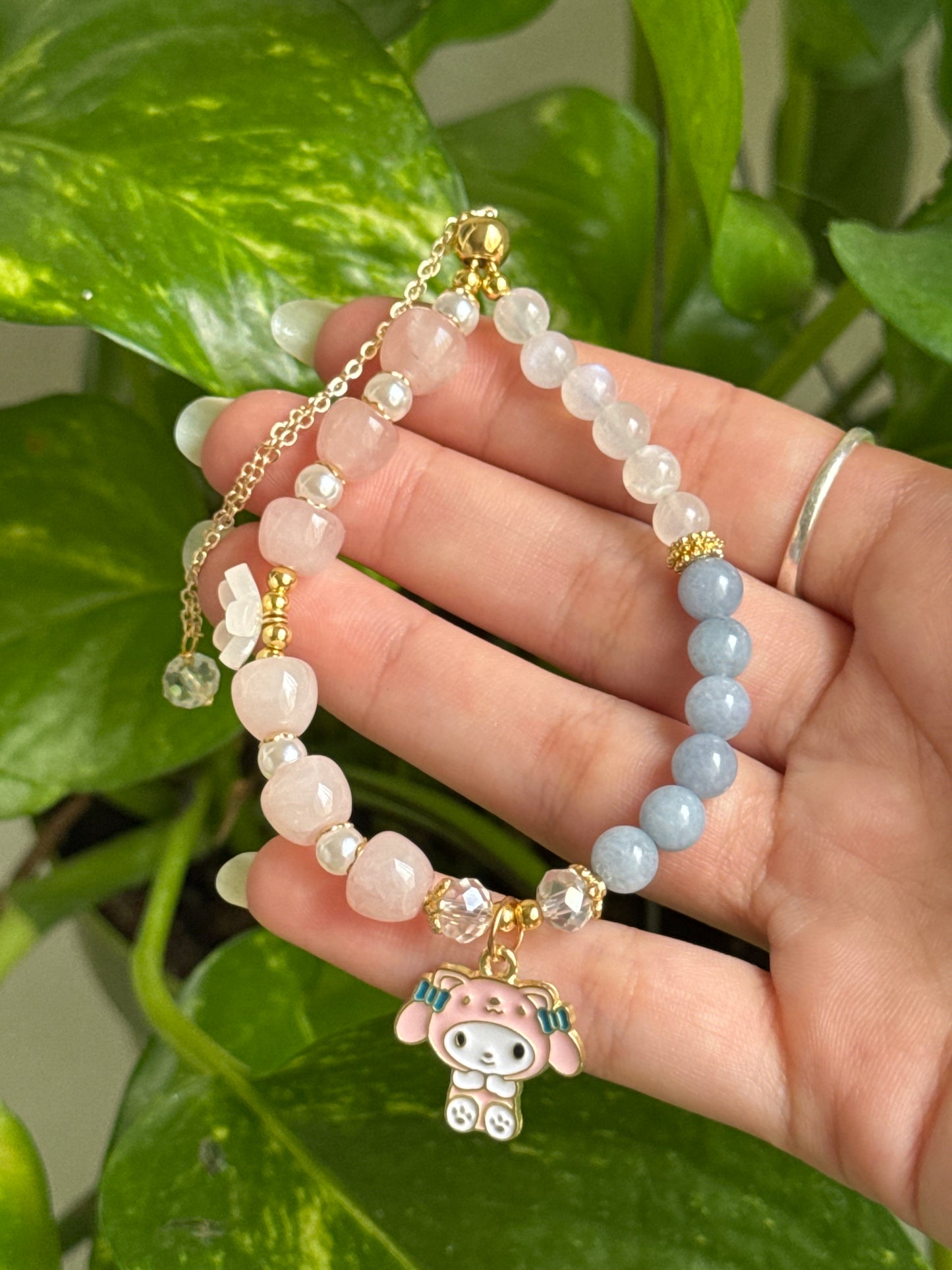 Rose Quartz & Moonstone & Angelite My Melody Adjustable Gold Bracelet