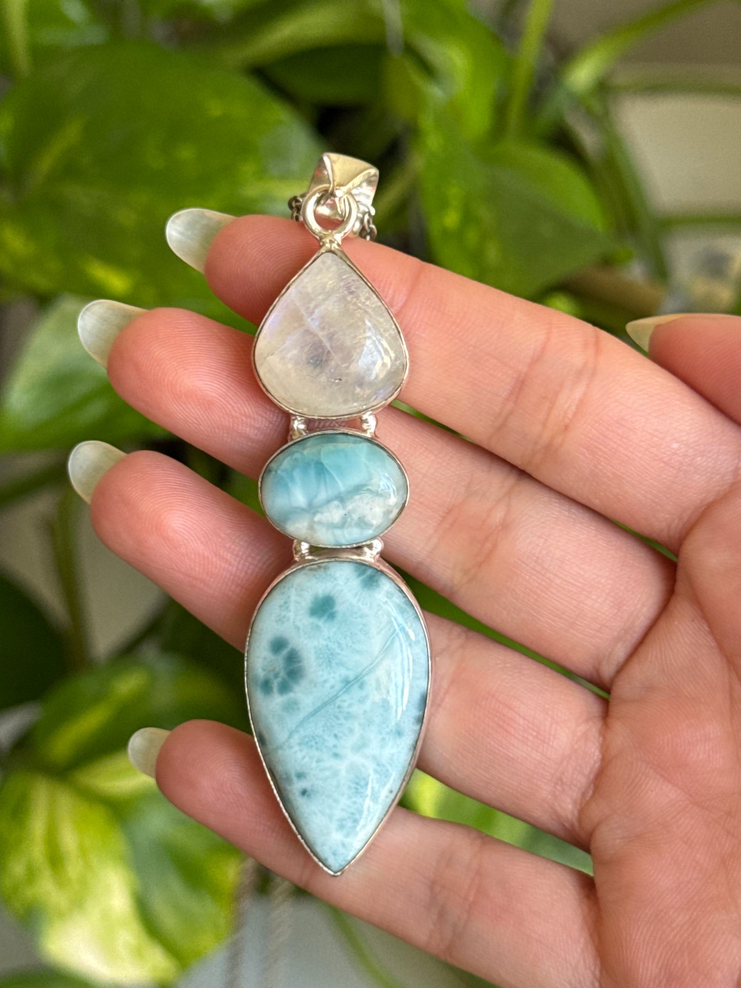 Larimar & Moonstone Statement 925 Sterling Silver Necklace