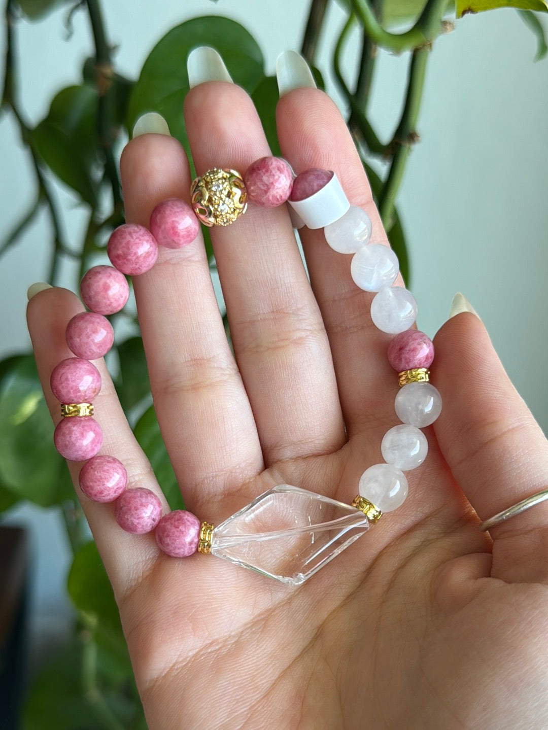Gemmy Rhodonite & Moonstone & Clear Quartz Bracelet