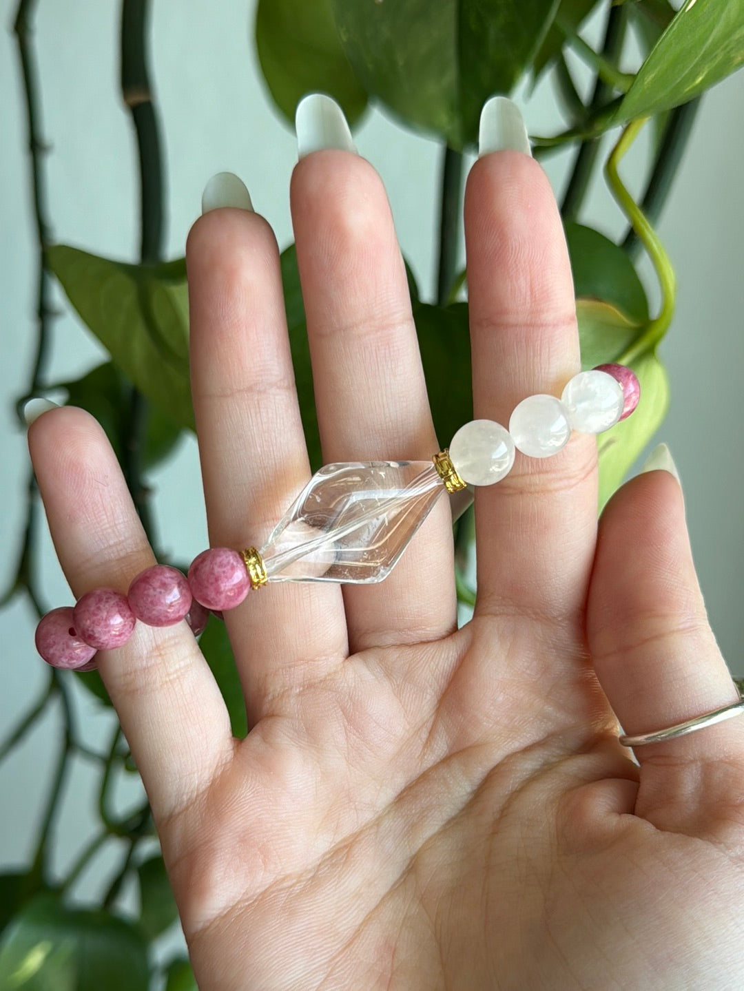 Gemmy Rhodonite & Moonstone & Clear Quartz Bracelet