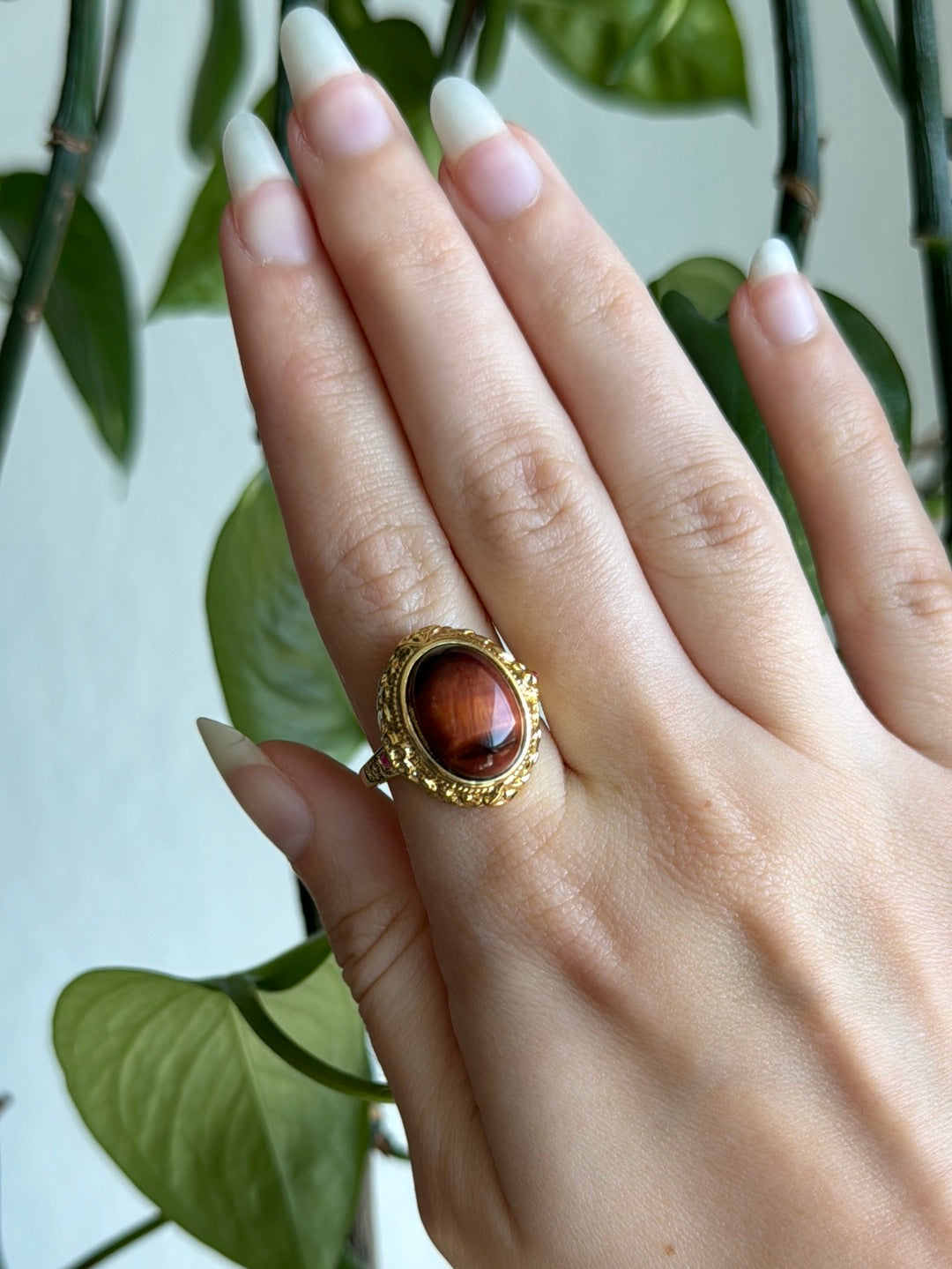 Red Tigers Eye Gold Adjustable Ring