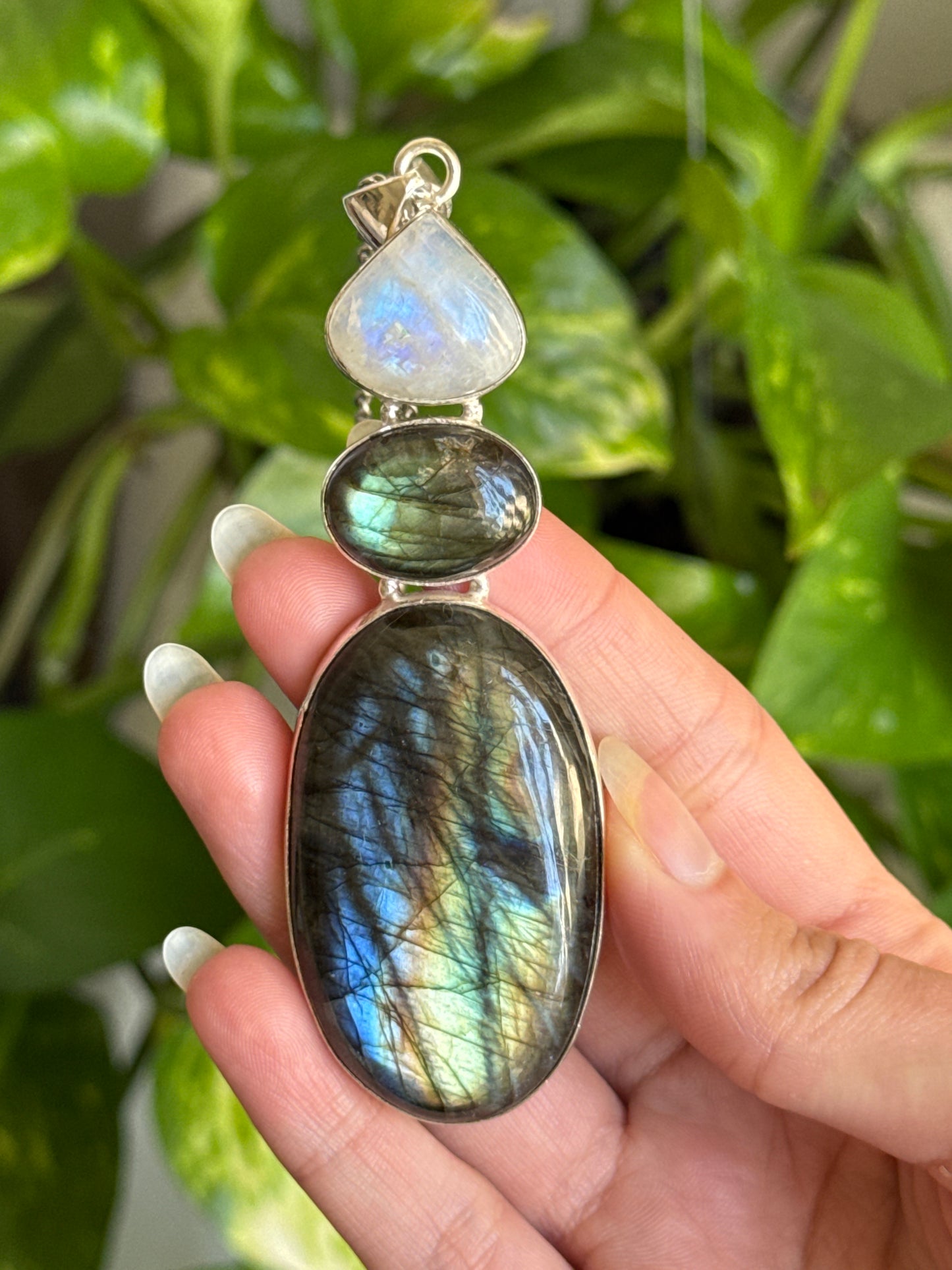 Labradorite & Moonstone Statement 925 Sterling Silver Necklace