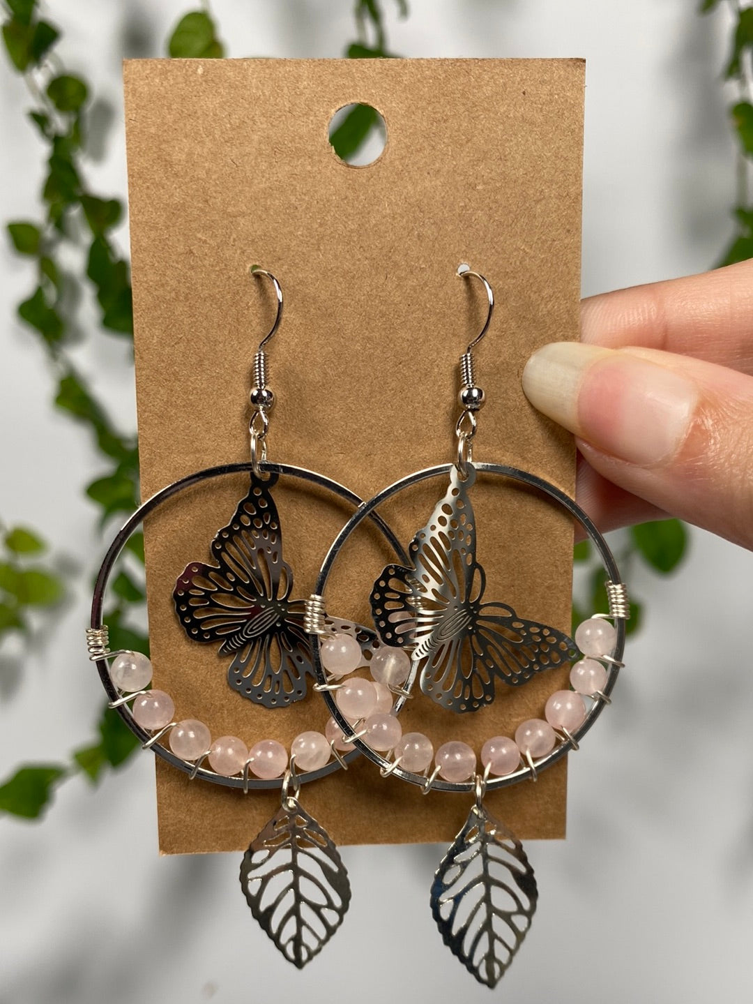 Rose Quartz Butterfly Hoops