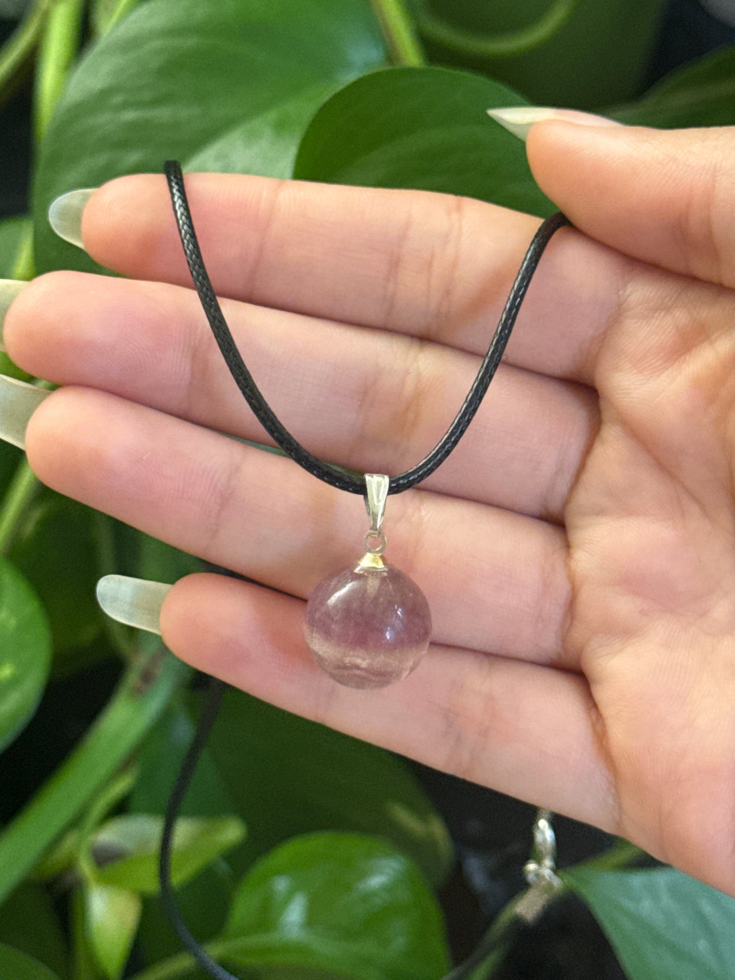 Fluorite Sphere Black Cord Necklace