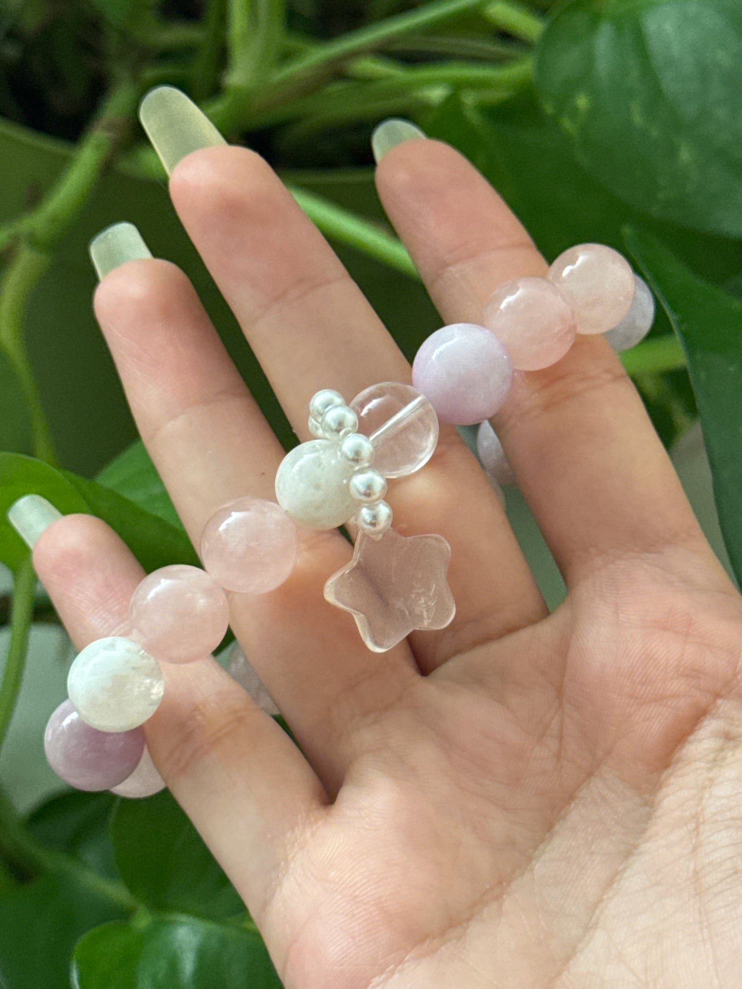 Star Flash Rose Quartz, Cats Eye Kunzite, & Amethyst & White Garden Quartz Statement Star Bracelet