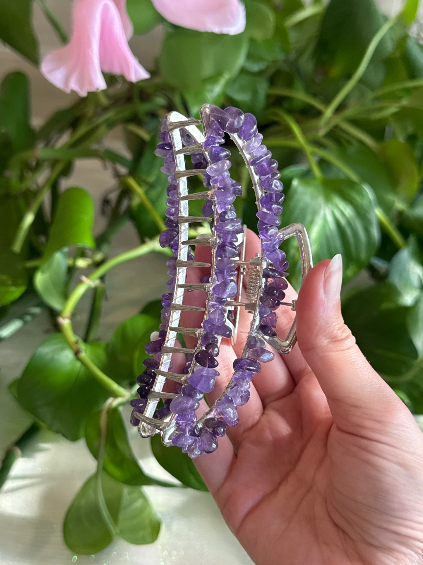 Amethyst Large Silver Crescent Hair Claw Clip
