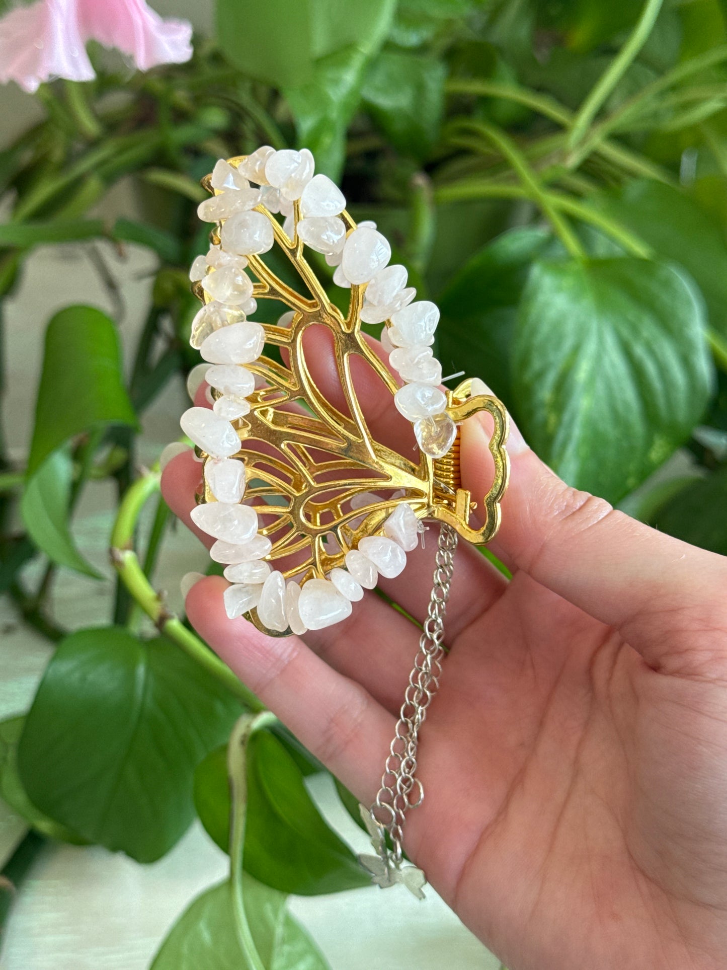 Rose Quartz Gold Butterfly Hair Clip
