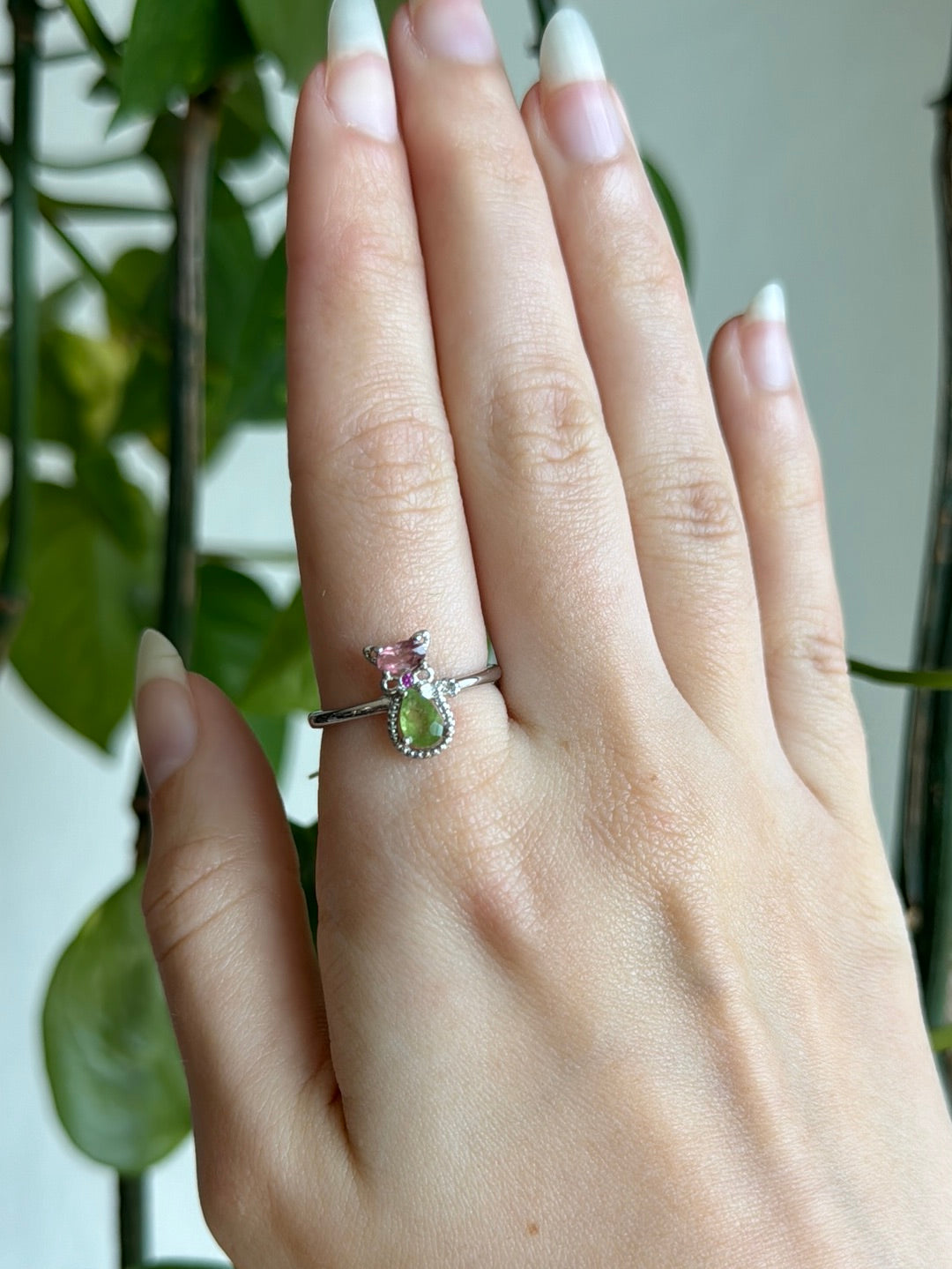 Pink & Green Tourmaline Cat Adjustable Ring