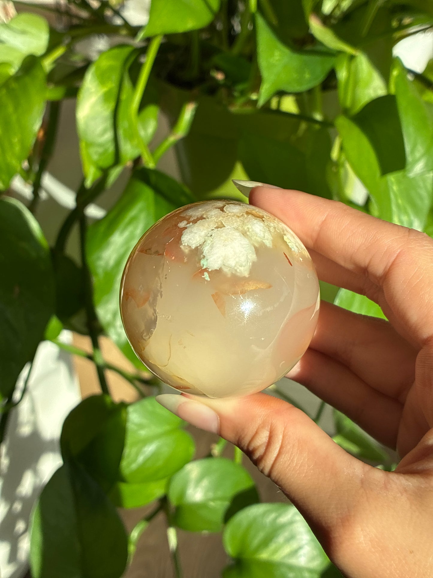 Beautiful Peachy & Green Flower Agate Sphere with Carnelian Inclusions