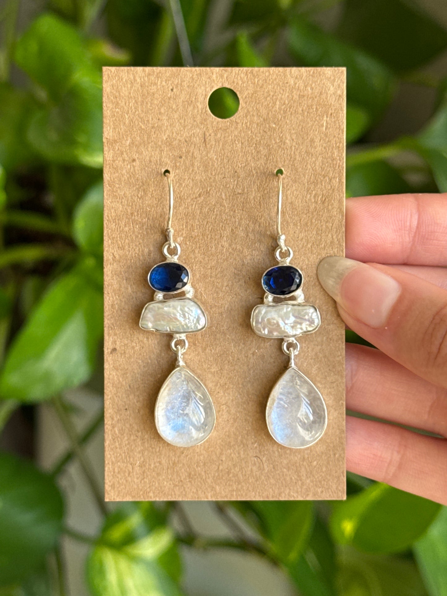 Kyanite & Biwa Pearl & Moonstone 925 Sterling Silver Earrings