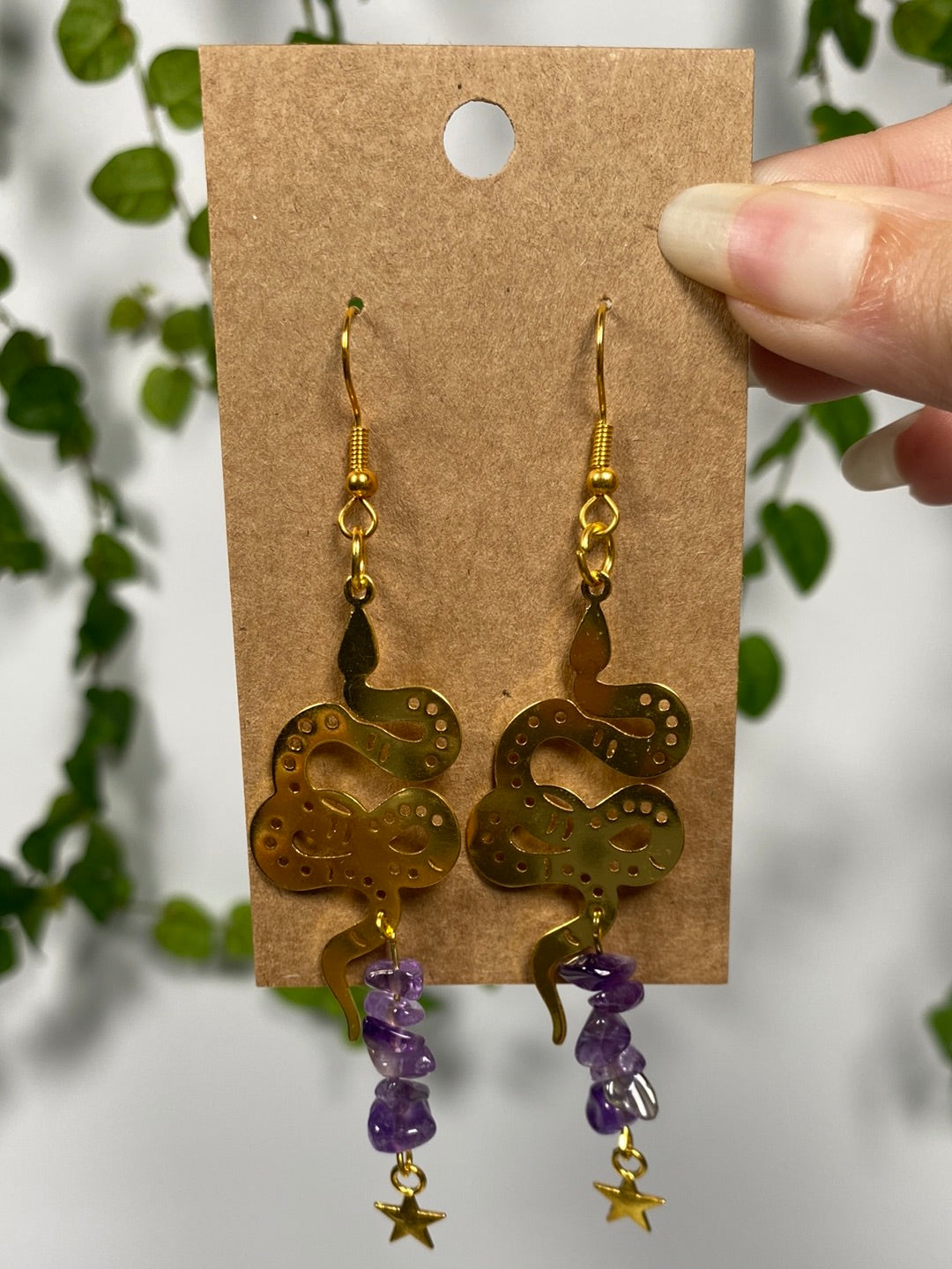 Gold Amethyst Snake Earrings