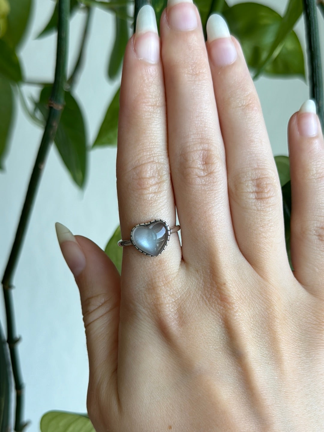 Grey Moonstone Heart 925 Sterling Silver Adjustable Ring