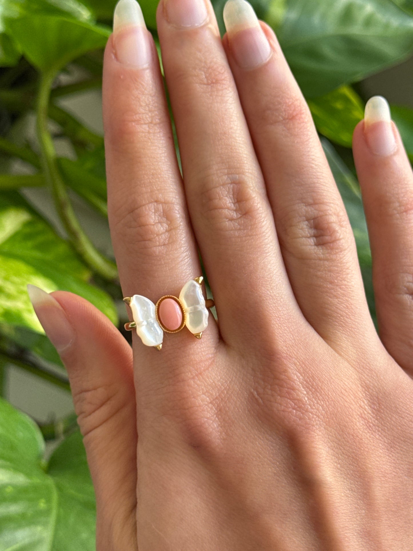 Adjustable White Shell & Pink Queen Conch Butterfly 925 Gold Vermeil Ring