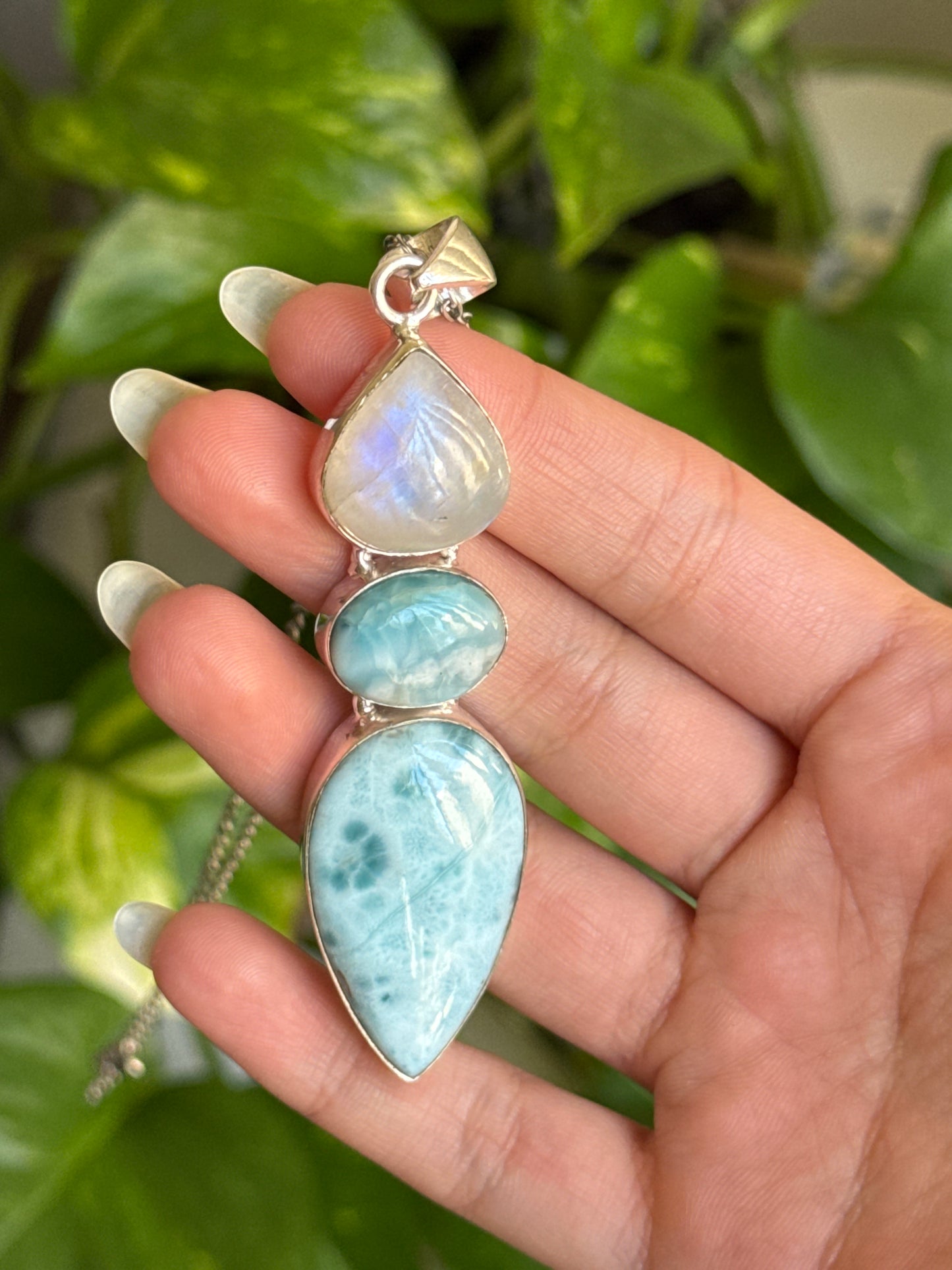Larimar & Moonstone Statement 925 Sterling Silver Necklace