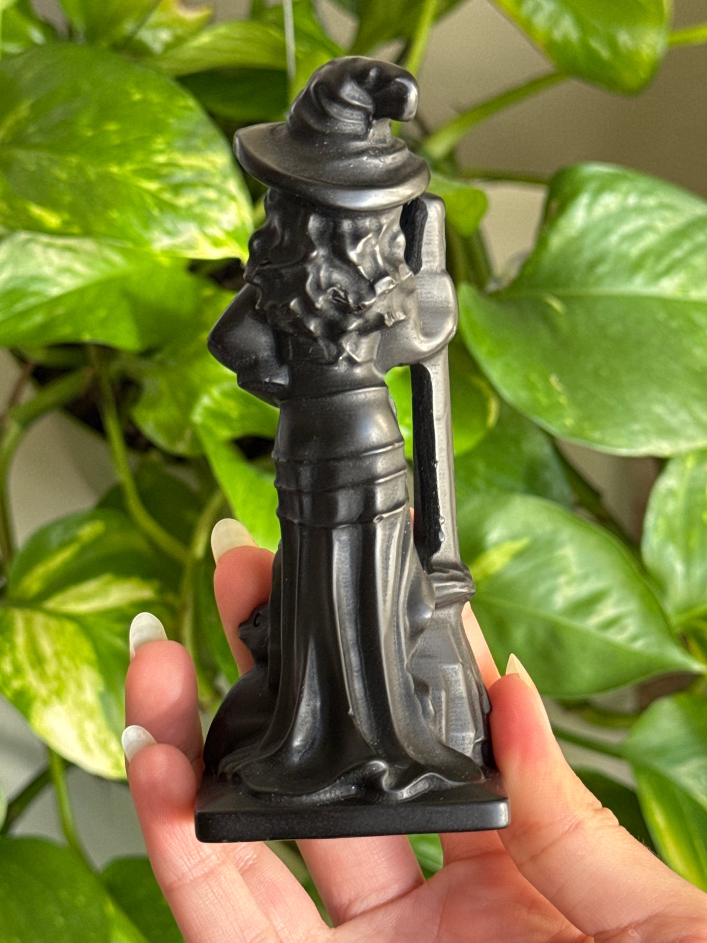 Obsidian Witch & Broom Statue