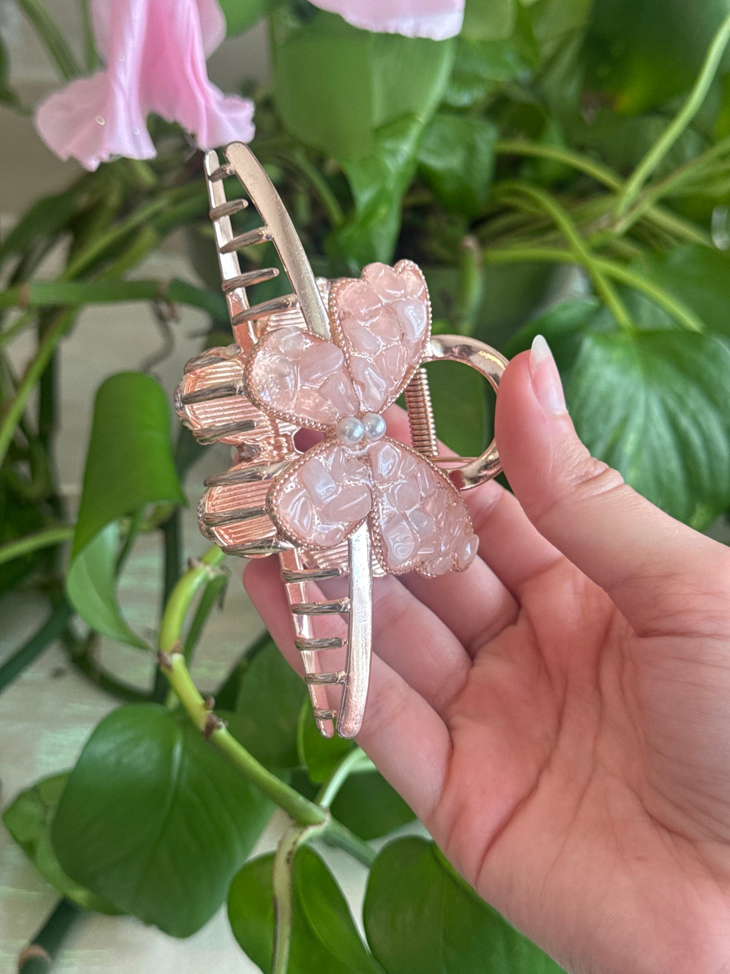 Rose Gold Rose Quartz Butterfly Hair Clip