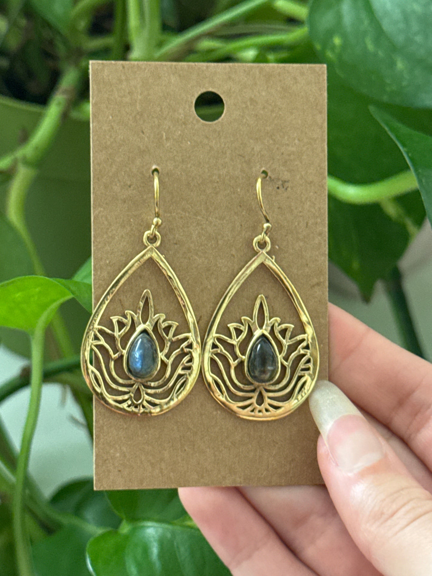 Labradorite Lotus Teardrop Earrings