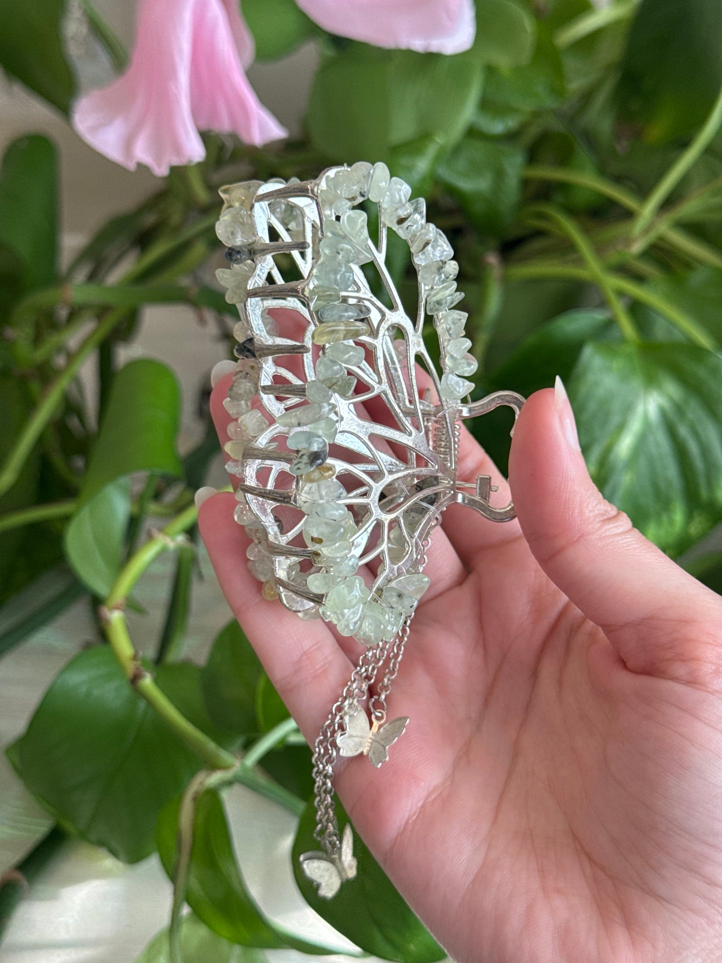 Prehnite Silver Butterfly Hair Claw Clip